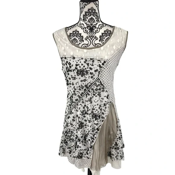 Fleur de Lis Layered Mixed-Print Boho Art Tunic Dress Floral & Polka Dot - Picture 6 of 11